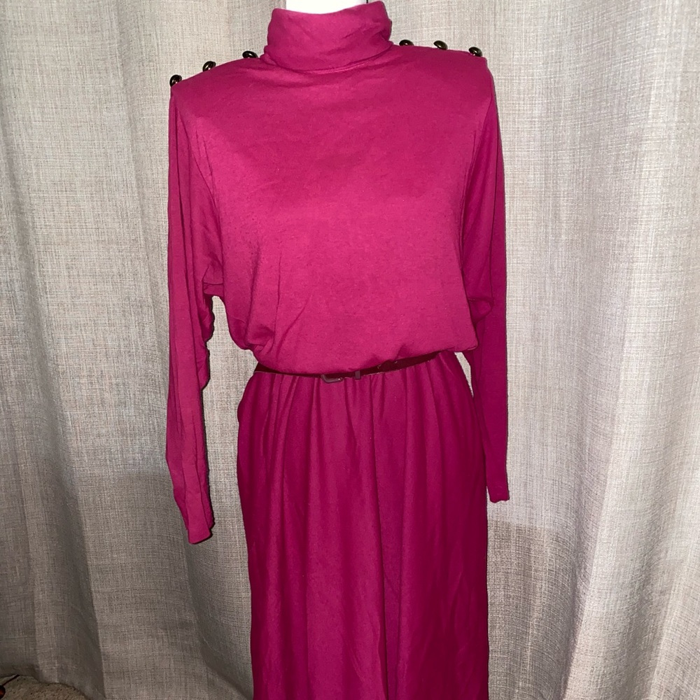 Vintage 80’s Mock Neck Midi Belted Dress L